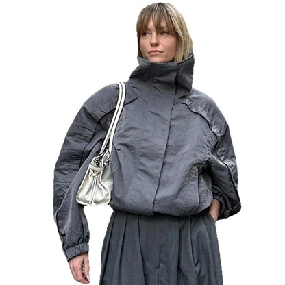 Ladies Lightweight Utility Jacket with High Collar and Chic Relaxed Fit