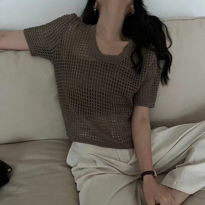 Dames Haut en tricot ouvert texturé à manches courtes Chic und Stil