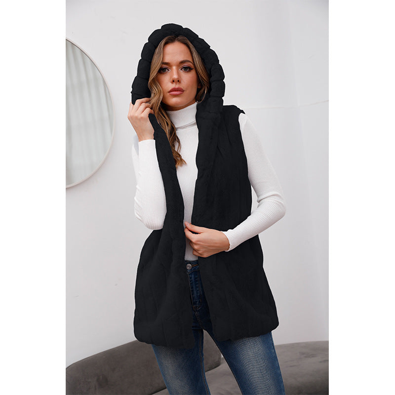 Dames Élégant Gilet à Capuche en Fourrure Synthétique Chic und Stil