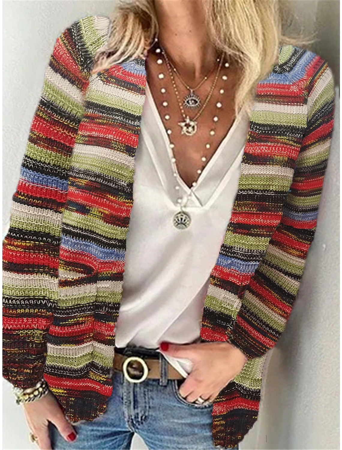 Dames Cardigan ouvert tricoté avec des rayures colorées et une coupe décontractée Chic und Stil