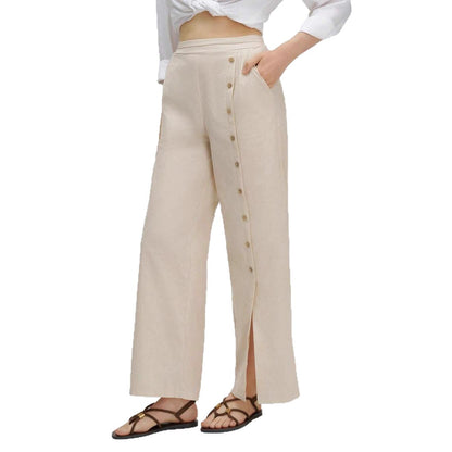 Linen wide-leg pants for women with button details and elegant slit Chic and Style