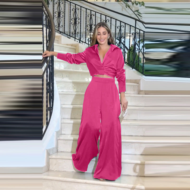 Women refined and elegant outfit with short blouse and wide pants Chic and Style