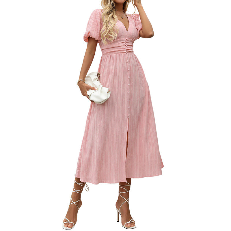 Robe maxi plissée à manches bouffantes avec fermeture à bouton pour femmes Chic und Stil