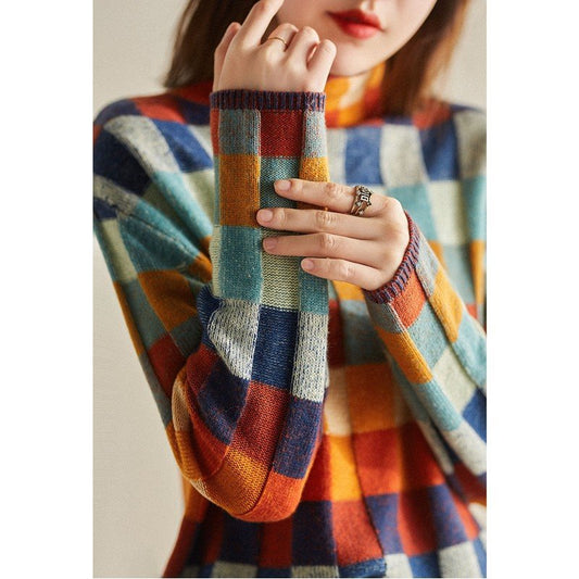 Pull en tricot pour femmes avec un motif à carreaux moderne et un col haut Chic und Stil