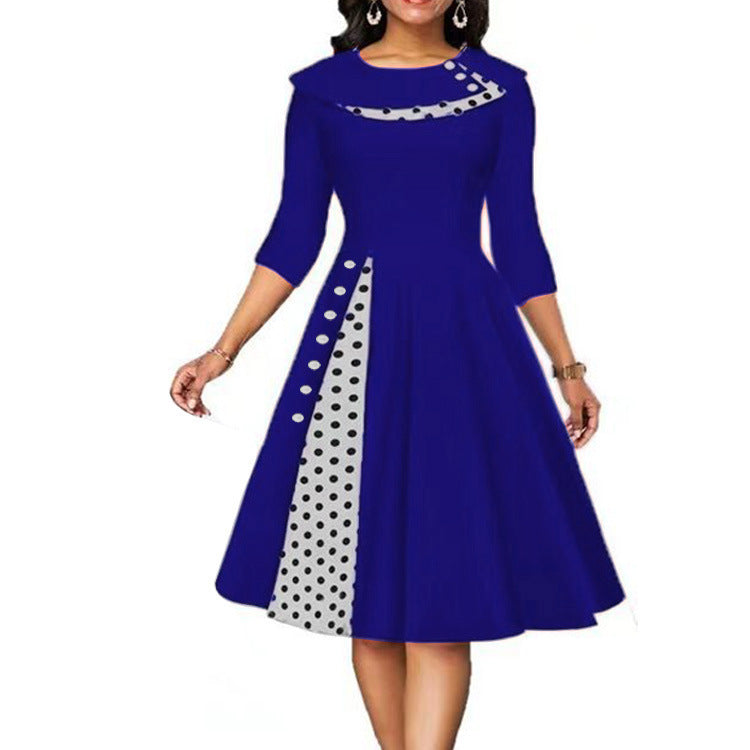 Femme Élégante Midi-Robe à Pois et Détail de Contraste Latéral Chic und Stil