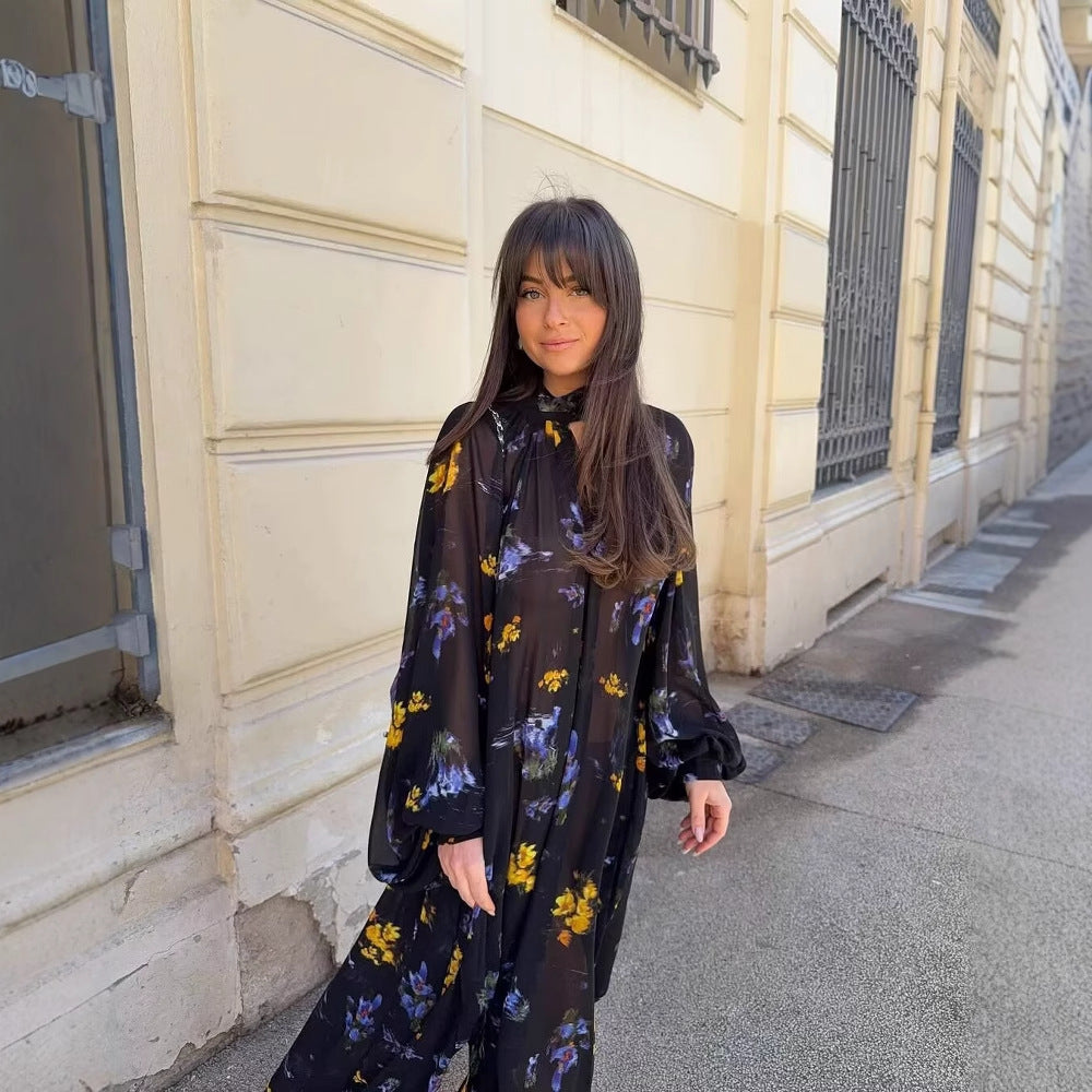 Robe maxi pour femme avec col montant élégant et design floral imprimé Chic und Stil