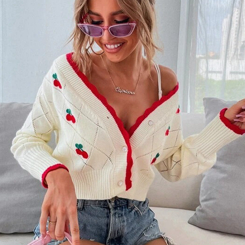 Dames cardigan en tricot épais confortable avec motif cerise décoratif Chic und Stil