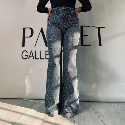 Dames élégantes jeans bootcut taille haute avec strass brillant Chic und Stil