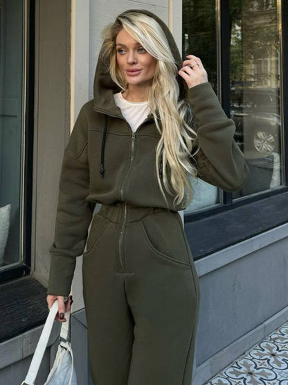 Dames Fleece-Salopette avec capuche et poches pratiques Chic und Stil