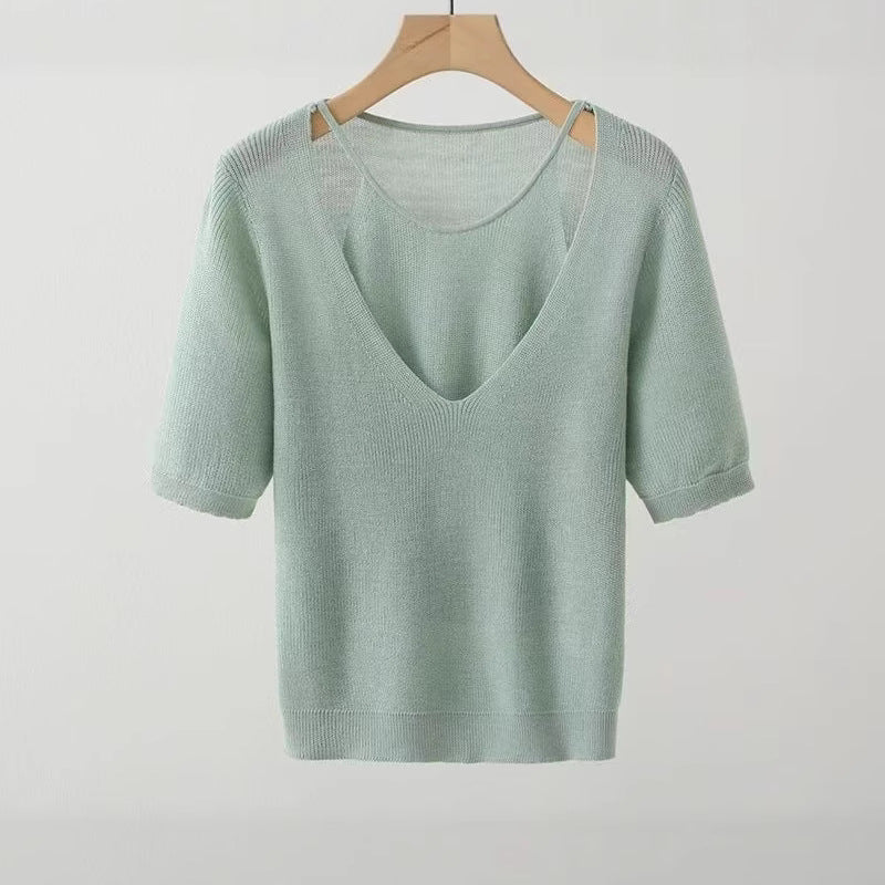 Pull en tricot à col V décontracté pour femme à manches courtes Chic und Stil