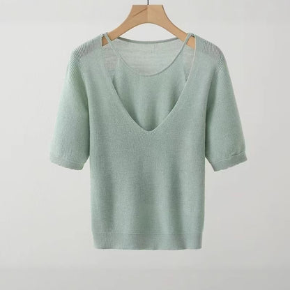 Pull en tricot à col V décontracté pour femme à manches courtes Chic und Stil