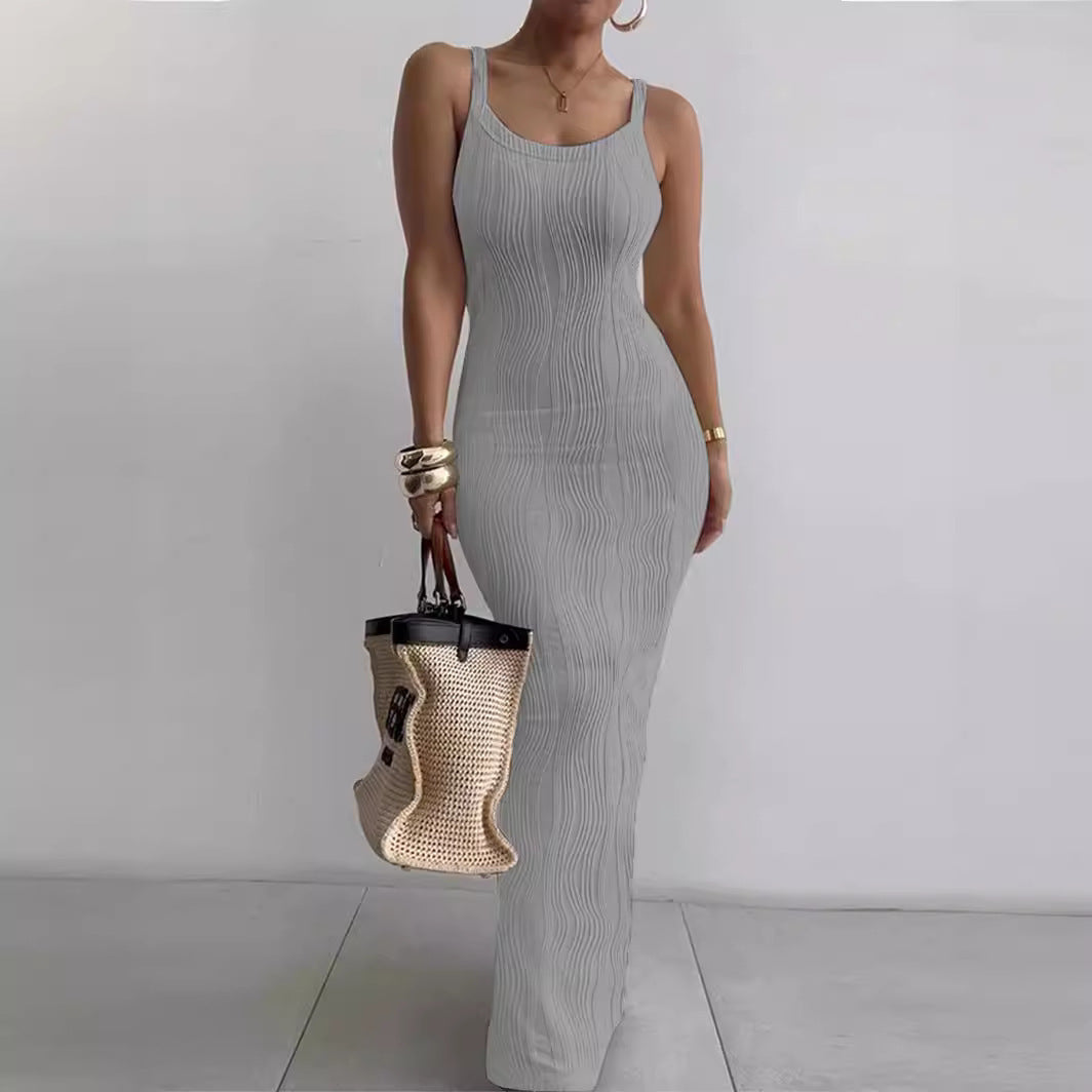 Femme Robe maxi élégante avec structure en rib et fines bretelles Chic und Stil