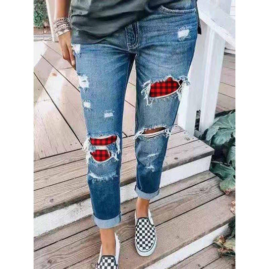 Jeans en denim pour femmes décorés avec des accents à carreaux Chic und Stil