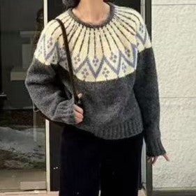 Dames Pull en maille confortable avec imprimé géométrique et col rond Chic und Stil