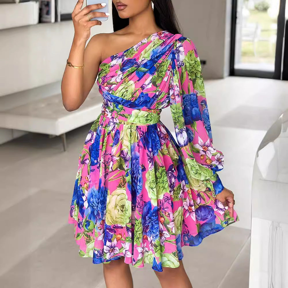 Femmes Robe Cocktail Fleur À Une Épaule Chic und Stil