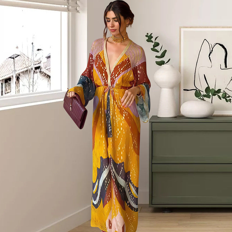 Robe maxi pour femmes avec imprimé coloré et manches longues modernes Chic und Stil