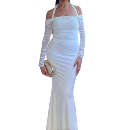 Dames Élégant Robe Maxi Off-Shoulder avec Minces Bretelles en Spaghetti et Manches Transparentes Chic und Stil