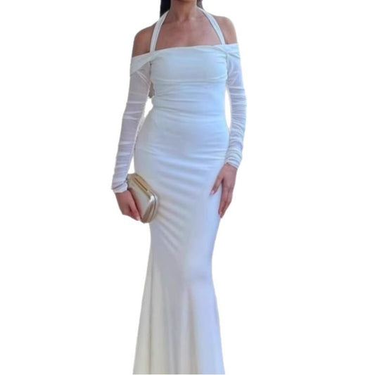 Dames Élégant Robe Maxi Off-Shoulder avec Minces Bretelles en Spaghetti et Manches Transparentes Chic und Stil