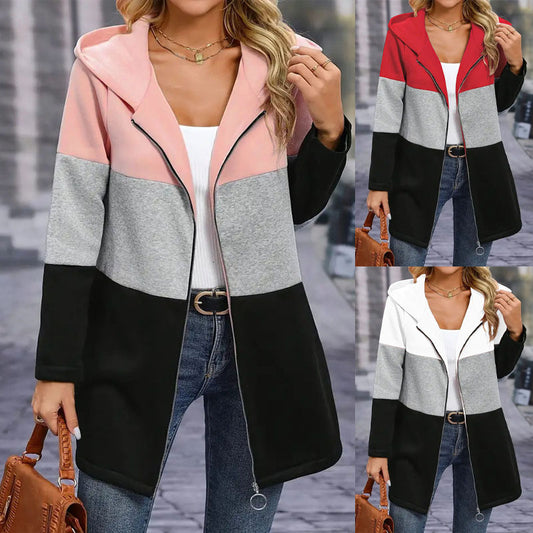 Ladies casual hooded coat with chic color block design