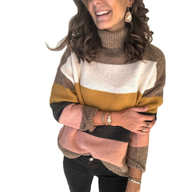 Pull en tricot tendance pour femmes avec col roulé décontracté et design à blocs de couleurs Chic und Stil