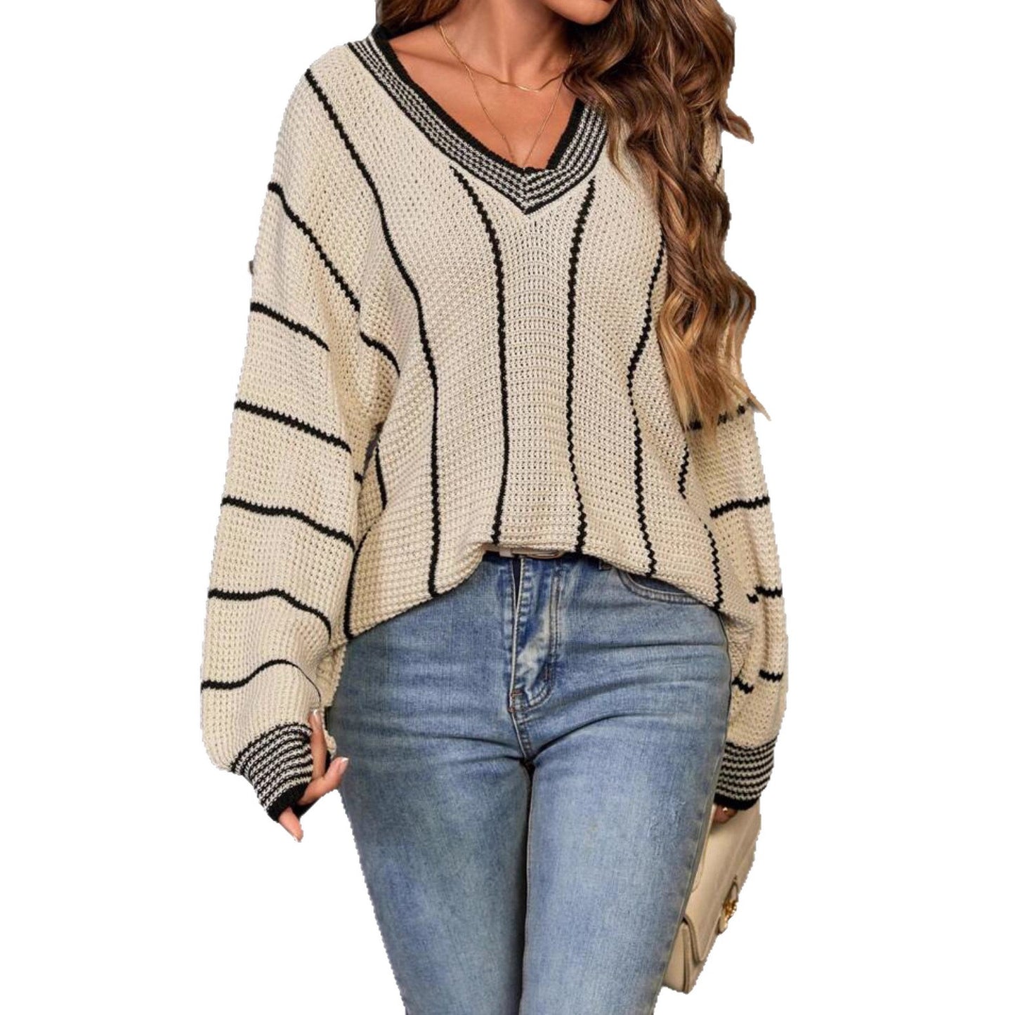 Dames Oversized V-Cou Pull avec motif rayé Chic und Stil