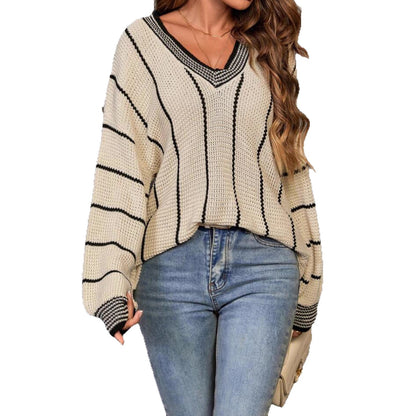 Dames Oversized V-Cou Pull avec motif rayé Chic und Stil