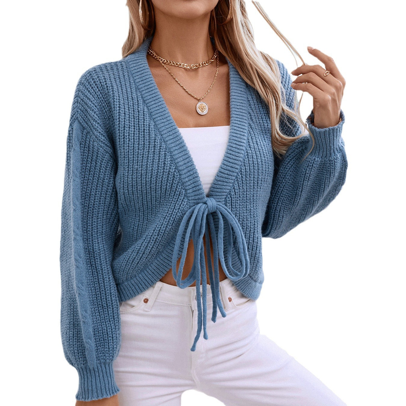 Veste tricot femme avec des manches volumineuses et des liens décoratifs Chic und Stil