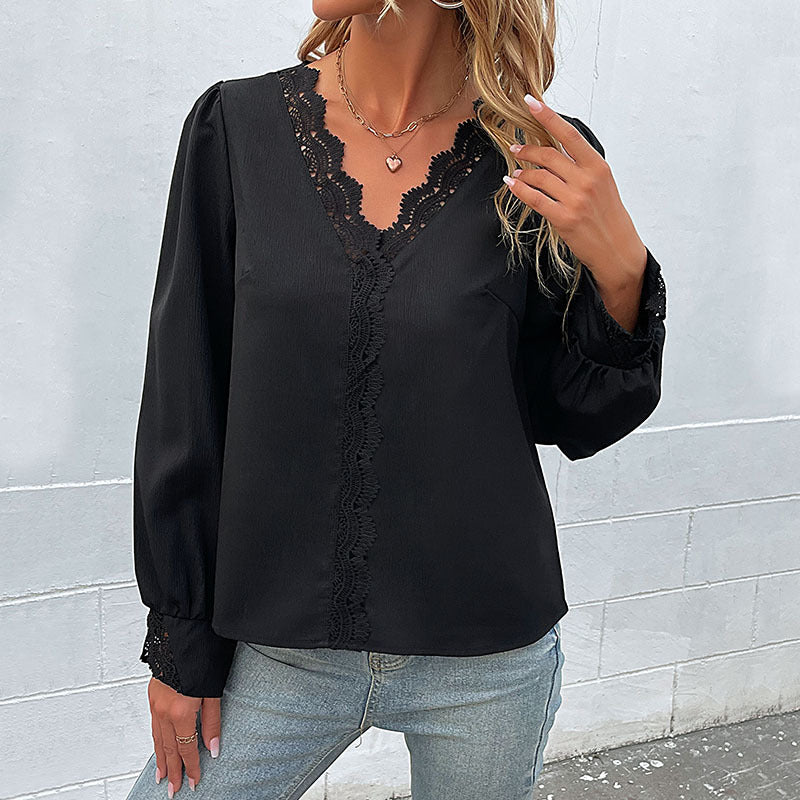 Dames élégante blouse avec détails en dentelle et décolleté en V Chic und Stil