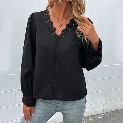 Dames élégante blouse avec détails en dentelle et décolleté en V Chic und Stil
