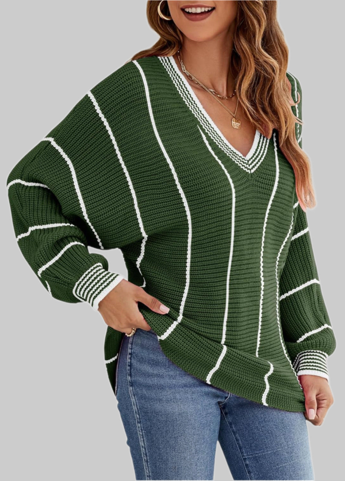 Dames Oversized V-Cou Pull avec motif rayé Chic und Stil