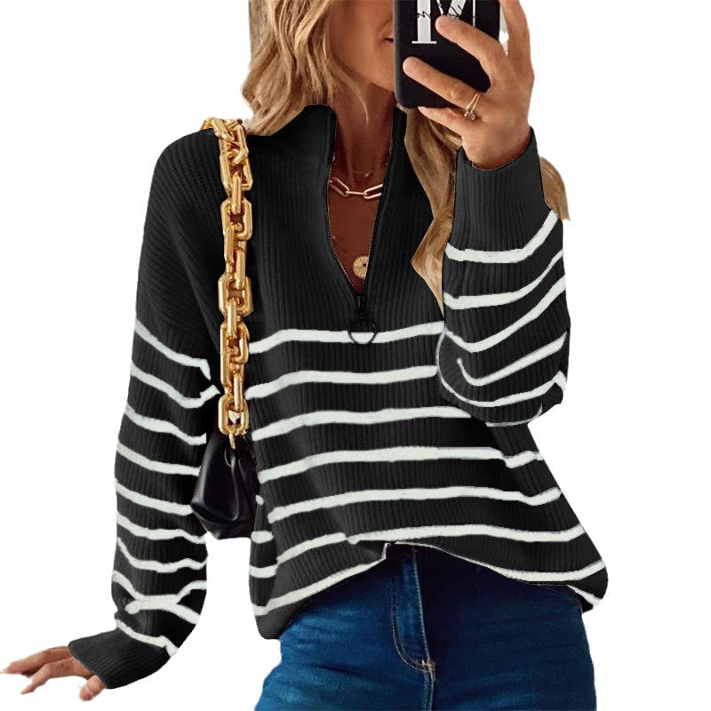 Pull décontracté pour femmes avec fermeture éclair courte et motif à rayures Chic und Stil