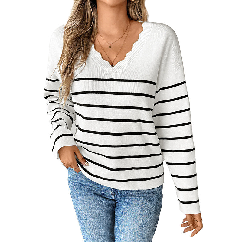 Pull en tricot pour femmes avec décolleté en V et motif rayé tendance Chic und Stil