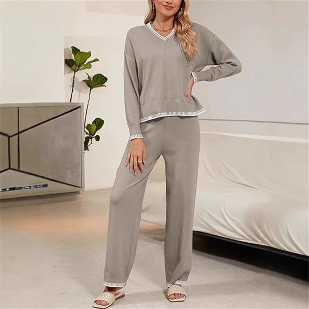 Ensemble pull et pantalon à col en V confortable pour femmes Chic und Stil