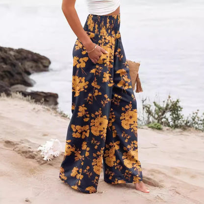 Chic and Style Women's Palazzo Pants with Elastic Waist and Floral Pattern