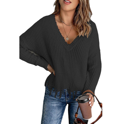 Femme Pull en tricot décontracté avec décolleté en V et ourlet à franges Chic und Stil