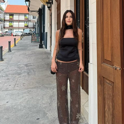 Dames Élégante, brodée Paillettes-pantalon en style Palazzo Chic und Stil