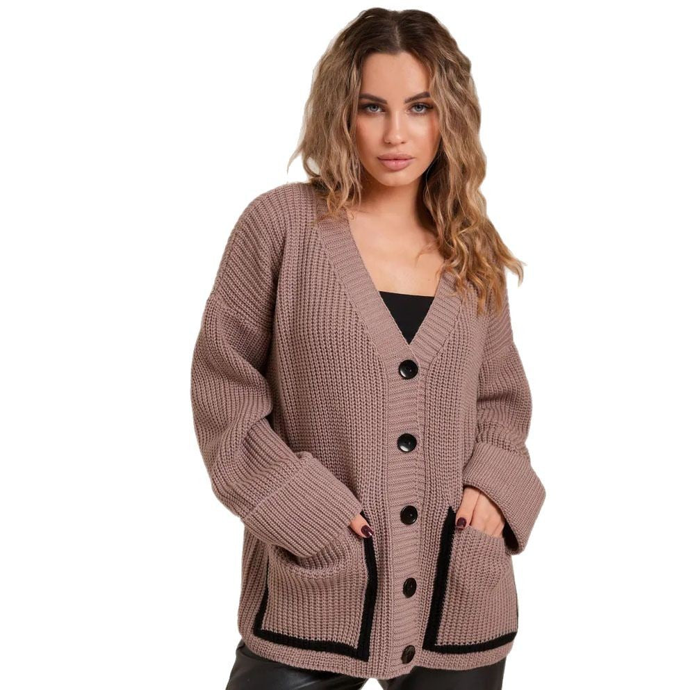 Dames gros tricot cardigan avec grandes poches et bouton décoratif Chic und Stil
