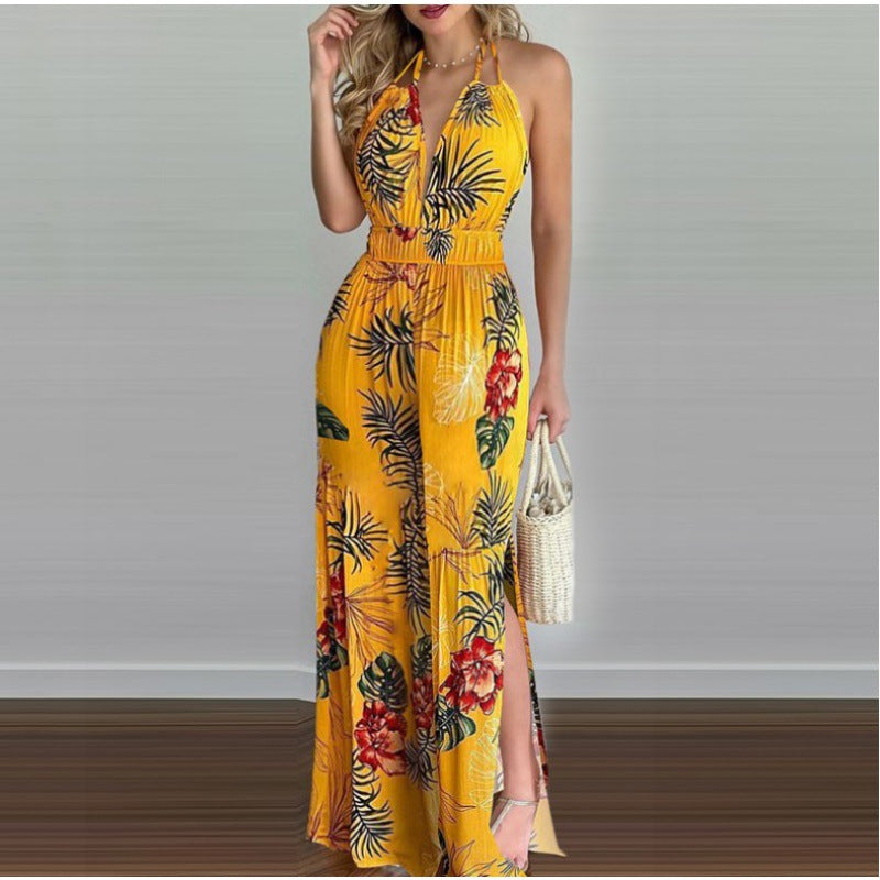 Dames Imprimé Tropical Jumpsuit Haut Fendu Chic und Stil