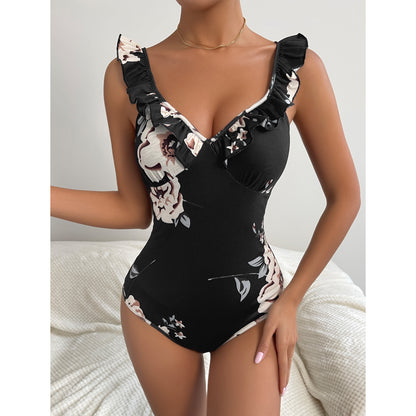 Maillot de bain floral à taille haute pour femmes avec détails en volants Chic und Stil