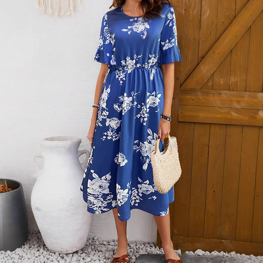 Robe midi pour femmes avec motif floral et taille élastique Chic und Stil