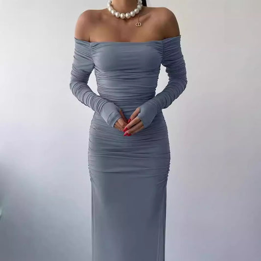 Robe maxi élégante pour femmes à épaules dénudées avec fronces et longues manches Chic und Stil