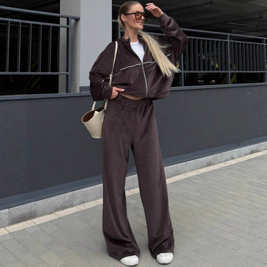 Chic and Style women's sporty velour lounge set with full zip and wide pants