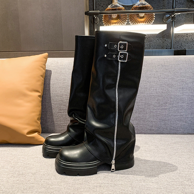 Bottes au genou pour femmes avec fermeture éclair tendance et sangle ajustable Chic und Stil