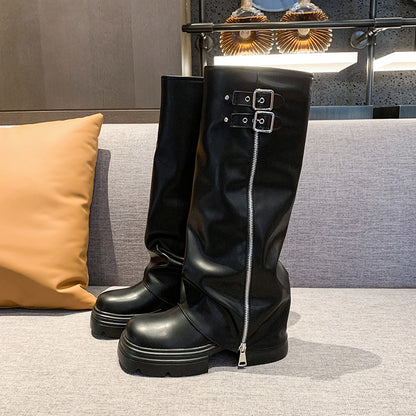 Bottes au genou pour femmes avec fermeture éclair tendance et sangle ajustable Chic und Stil