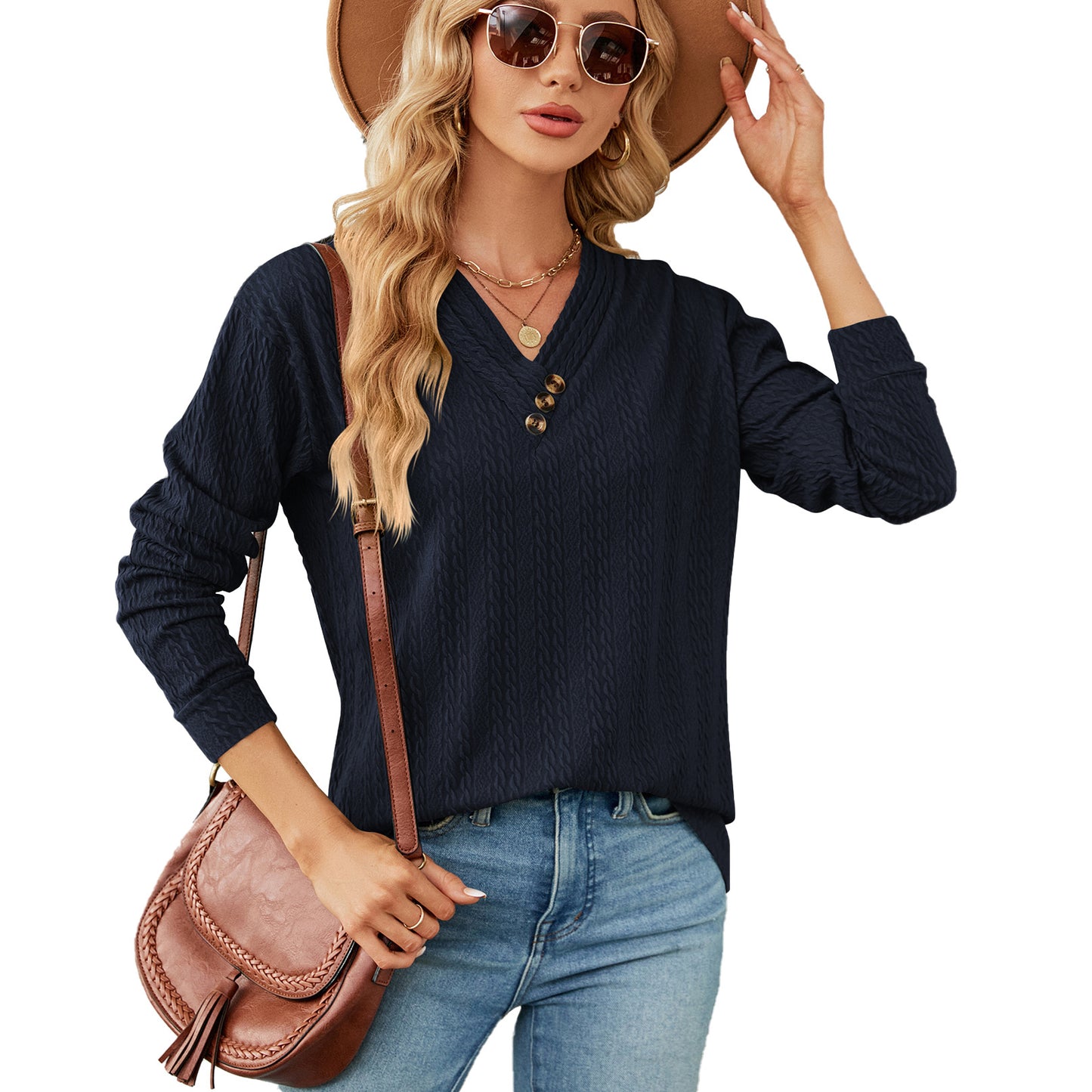 Femme haut en pull V décolleté tendance avec structure Chic und Stil