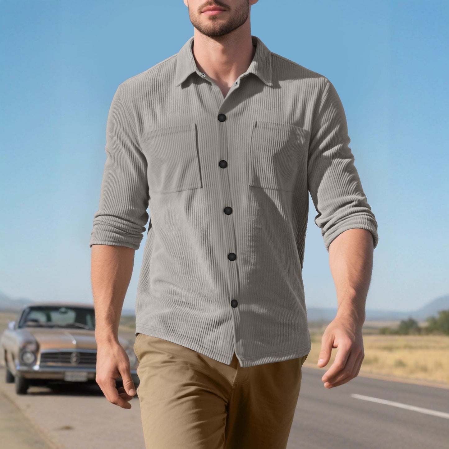 Chemise à manches longues pour hommes avec motif en corduroy texturé et poches poitrines pratiques Chic und Stil