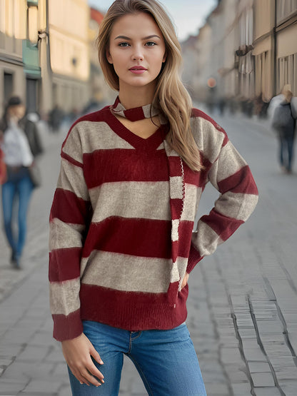 Pull-over en tricot décontracté pour femmes avec motif à rayures moderne et écharpe décorative Chic und Stil