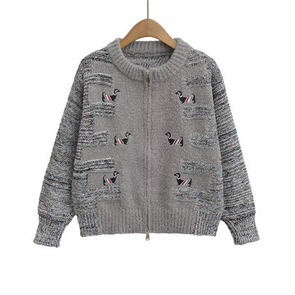 Dame gilet en tricot avec motif d'oiseau coloré Chic und Stil