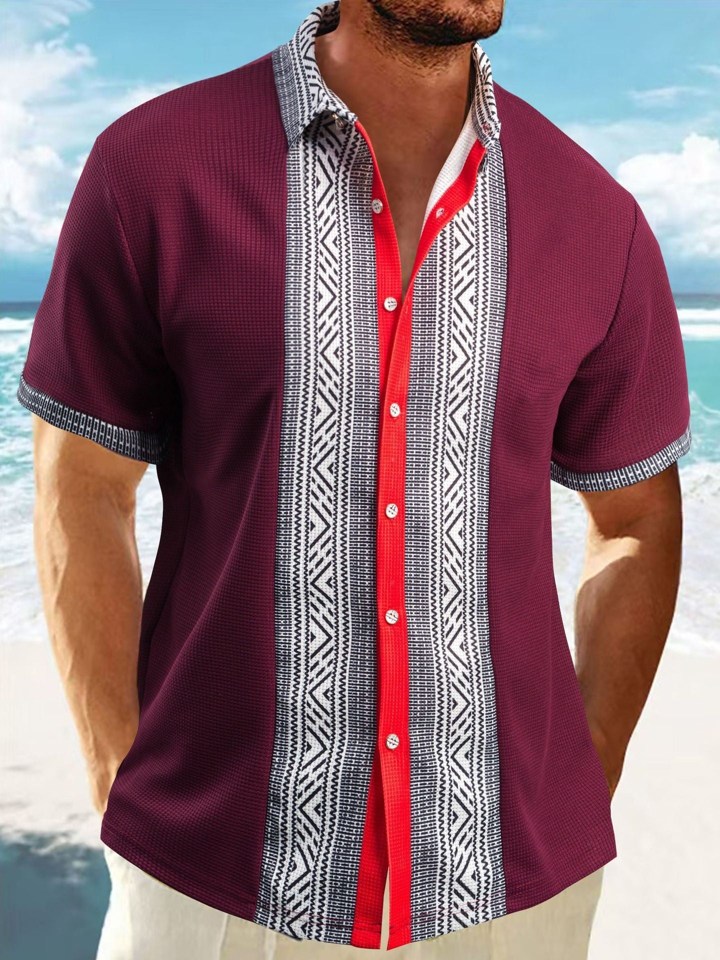 Chemise décontractée à manches courtes pour hommes avec motif géométrique et texture respirante Chic und Stil