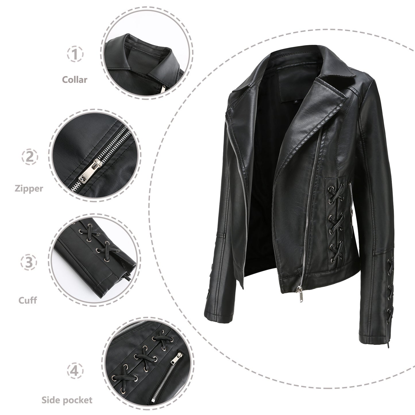 Dames élégant blouson de motard en similicuir avec détails de lacet décoratifs Chic und Stil